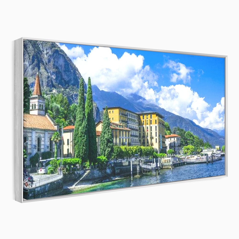 Tablou canvas cu peisaj urban pe malul lacului, in rama de aluminiu argintiu